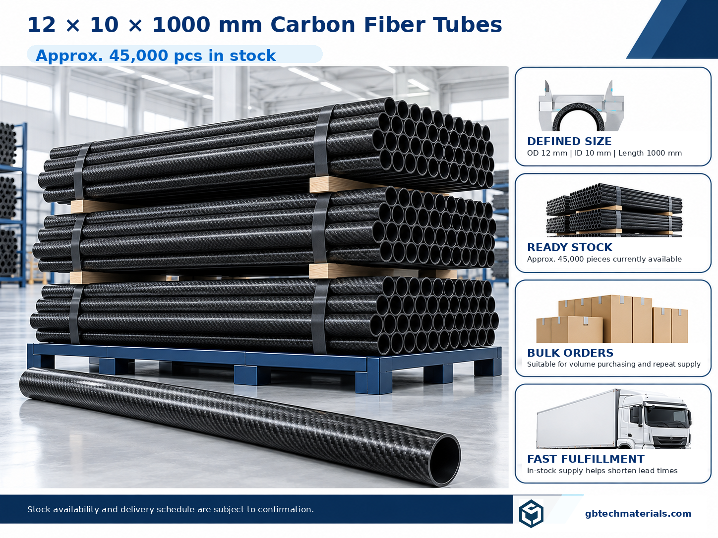 12×10×1000 mm Carbon Fiber Tubes: 45,000 Pieces in Stock